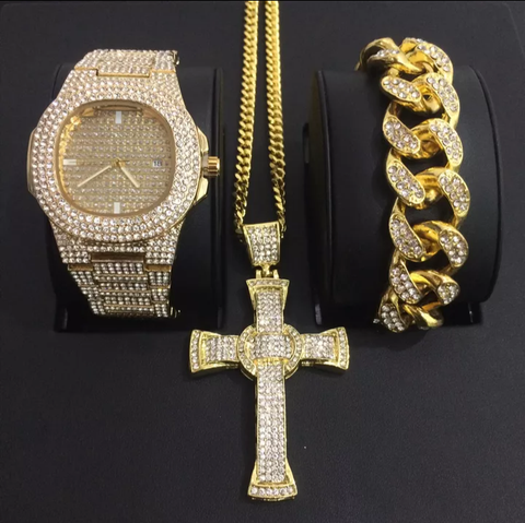 Iced out Necklace, Bracelet and Watch Combo