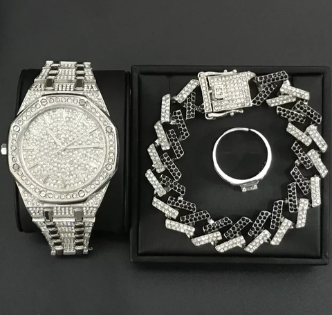 Black Gun Plated and Platinum Cuban Link Watch and Bracelet
