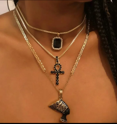 Bohemian Cross Pharaoh Statue Black Crystal Pendant