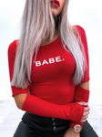"Babe" Skinny long sleeved distressed elbow cut out shirt