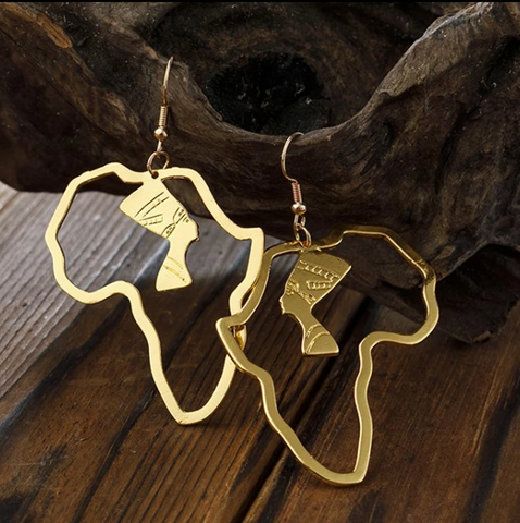 African Map Nefertiti Gold Earrings